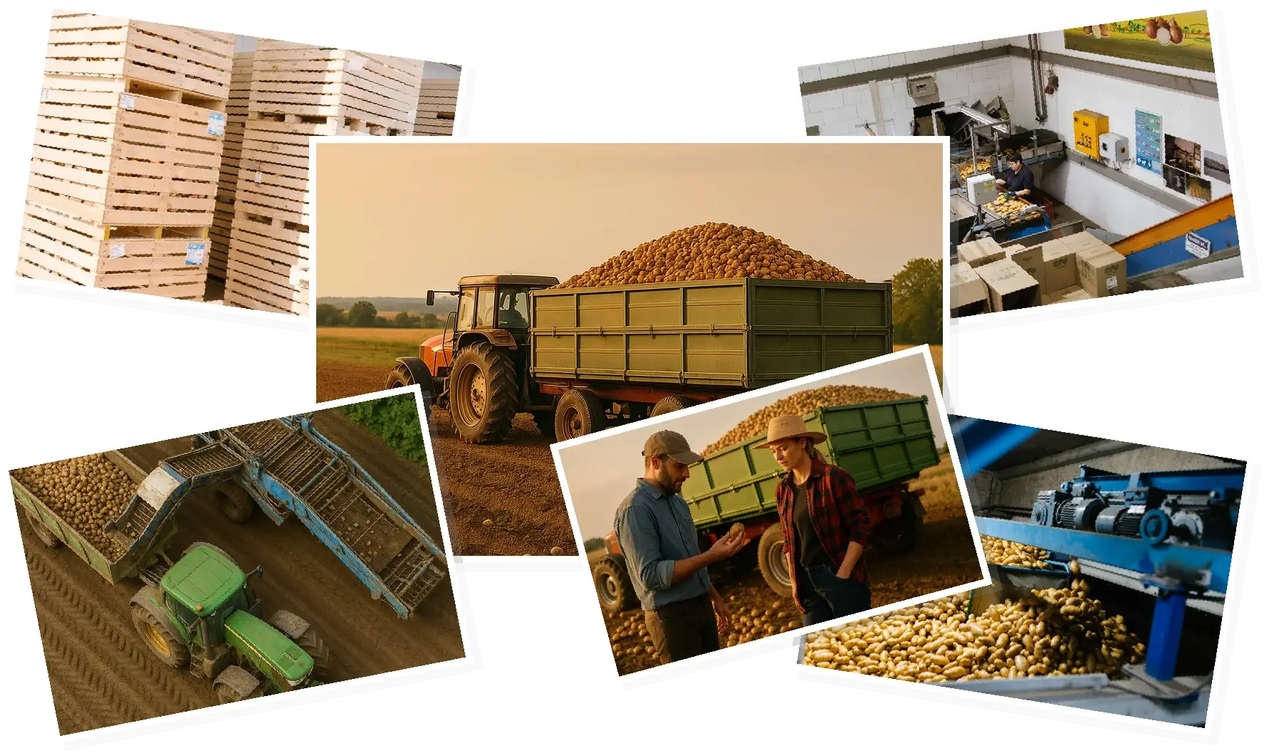 Kartoffelverarbeitung bei Fritz Hofbeck – Vom Feld bis zur Verpackung Collage mit Stationen der Kartoffelverarbeitung bei Fritz Hofbeck: Traktor mit Anhänger, Mitarbeitende, Maschinen, Verpackung und Lagerung.