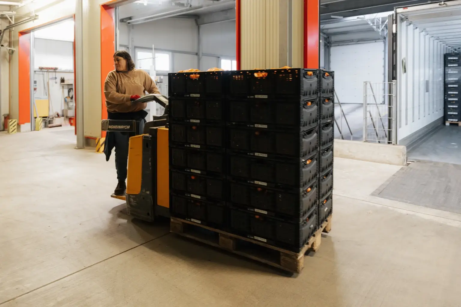 Mitarbeiterin transportiert gestapelte Kartoffelkisten mit einem Palettenhubwagen im Logistikbereich von Fritz Hofbeck.